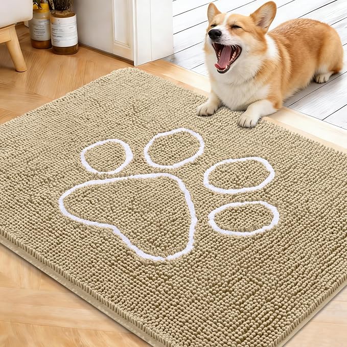 OLANLY Dog Door Mat for Muddy Paws 40x32, Paw Print Design Chenille Mud Mat