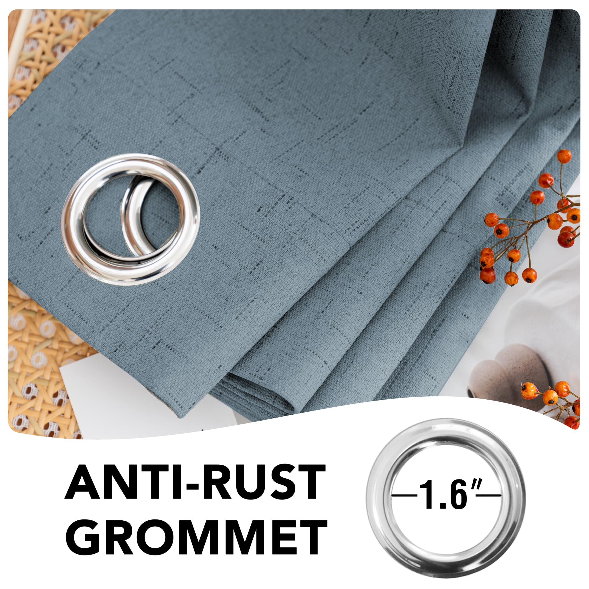 H.VERSAILTEX Primitive Linen Curtains 100% Blackout Curtain Drapes Burlap Curtains with White Thermal Insulated Liner, Grommet Top Drapes Living Room/Bedroom (2 Panels, 42 x 45 Inch, Stone Blue)