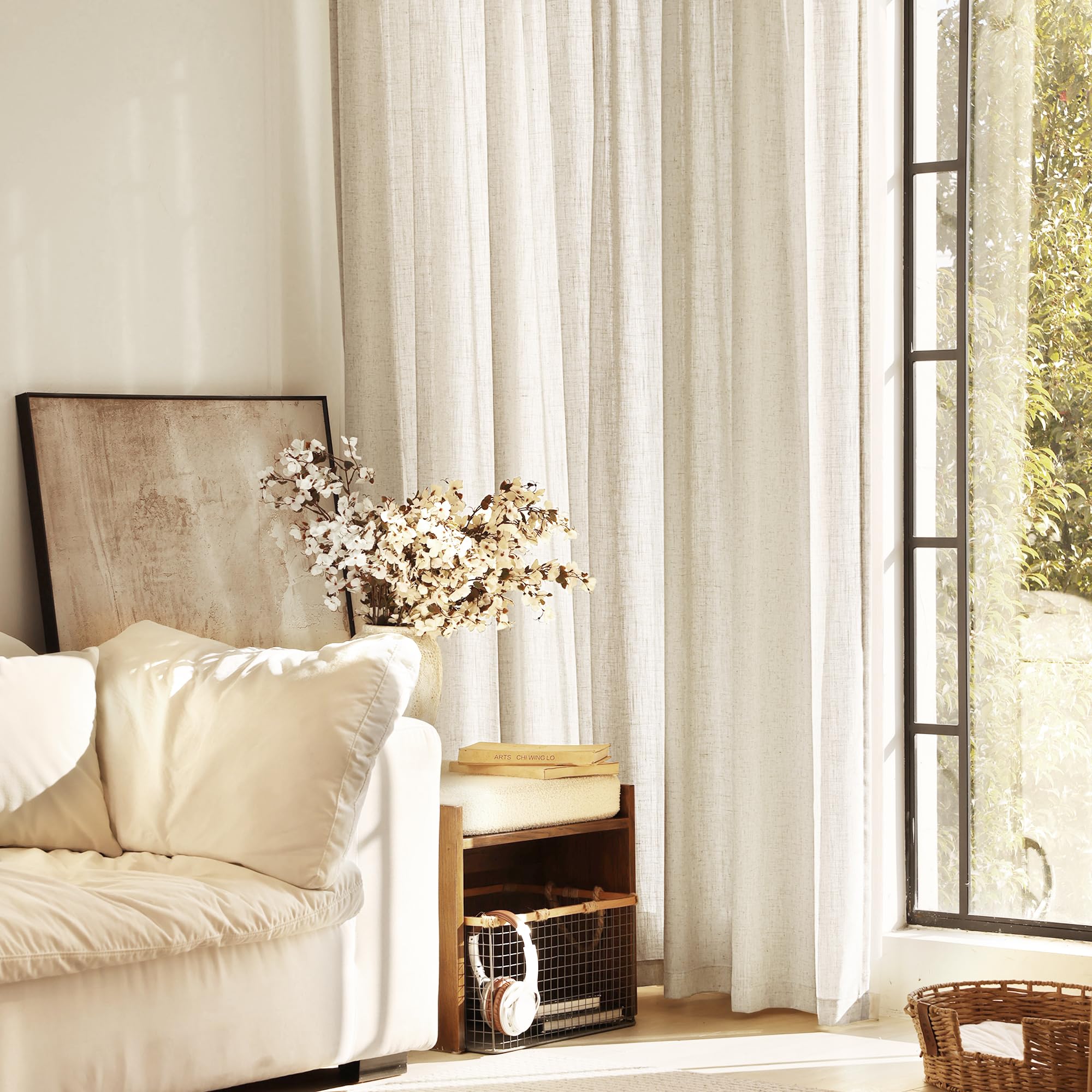 Jolilight Faux Linen Beige Curtains 102 inches Long for Living Room Rustic Farmhouse Linen Drapes Semi Sheer Burlap Textured Canvas Cloth Curtain Panels Set of 2 Kahki Tan Colored