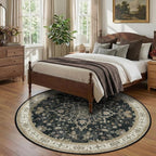 Area Rugs Round 8ft Washable Non-Slip, Floral Vintage Distress Print Pattern Medallion Carpet for Living Room Bedroom Dining Room, Vintage Black Brown Neutral