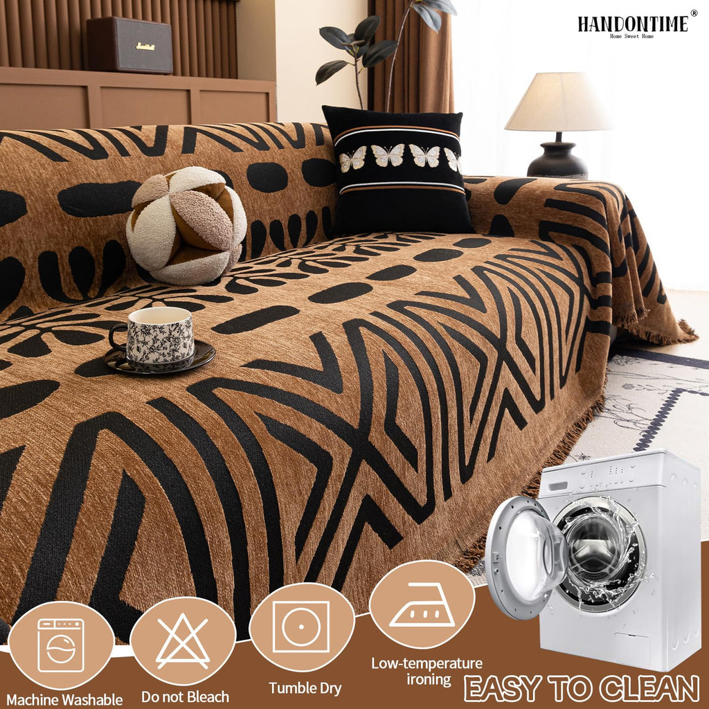 HANDONTIME Boho Couch Cover Geometric Striped Pet Covers for Couches and Sofas Copper Brown and Black Dog Cover for Couch Pet Friendly Chenille Sectional Sofa Covers for Pets Washable, 71" X 134"
