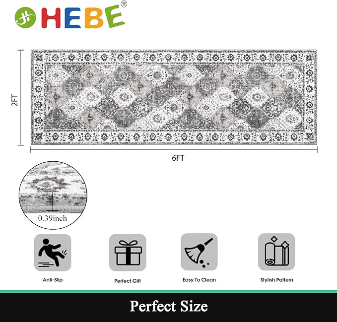 HEBE Hallway Runner Rug 2'x6', Washable Non Slip Kitchen Rug Runner