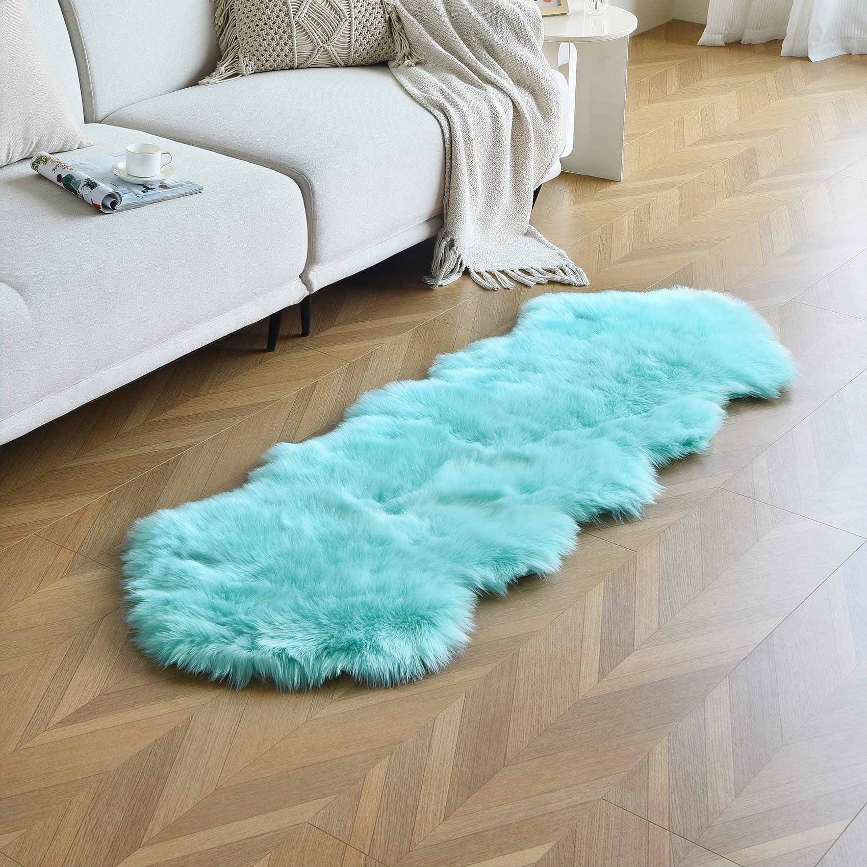Turquoise Blue Faux Sheepskin Runner Rugs 2x6 ft, Fluffy Fur Couch Covers