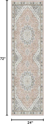 Madane Washable Runner Rug - 2x6 Rug Runners for Hallways 6 Feet Non Slip Vintage Kitchen Runner Rug Ultra-Thin Bathroom Runner Rugs Carpet Laundry Room Bedroom (2x6ft, Pink/Gray)