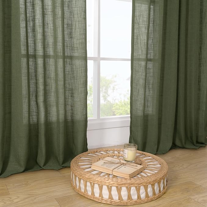 LAMIT Olive Green Linen Kitchen Curtains 24 Inch Length, Semi Sheer Light Filtering Window Panels Back Tab and Rod Pocket Drapes for Basement/Small Windows, 25 x 24 Inch, 2 Panels