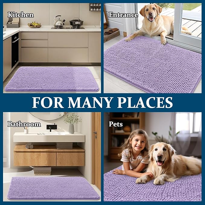 OLANLY Dog Door Mat for Muddy Paws 44x24, Absorbs Moisture and Dirt, Absorbent Non-Slip Washable Doormat, Quick Dry Chenille Mud Mat for Dogs, Entry Indoor Entryway Carpet for Inside Floor, Lavender
