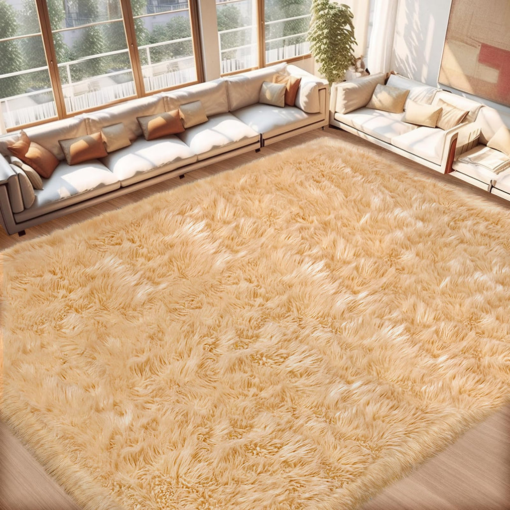 Ciicool Beige Faux Fur Sheepskin Rug 8 x 10 Feet, Large Sofa Fluffy Carpet