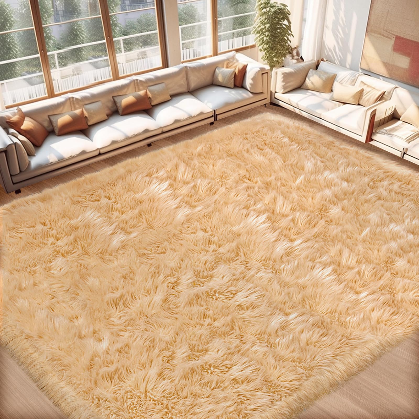 Ciicool Beige Faux Fur Sheepskin Rug 8 x 10 Feet, Large Sofa Fluffy Carpet