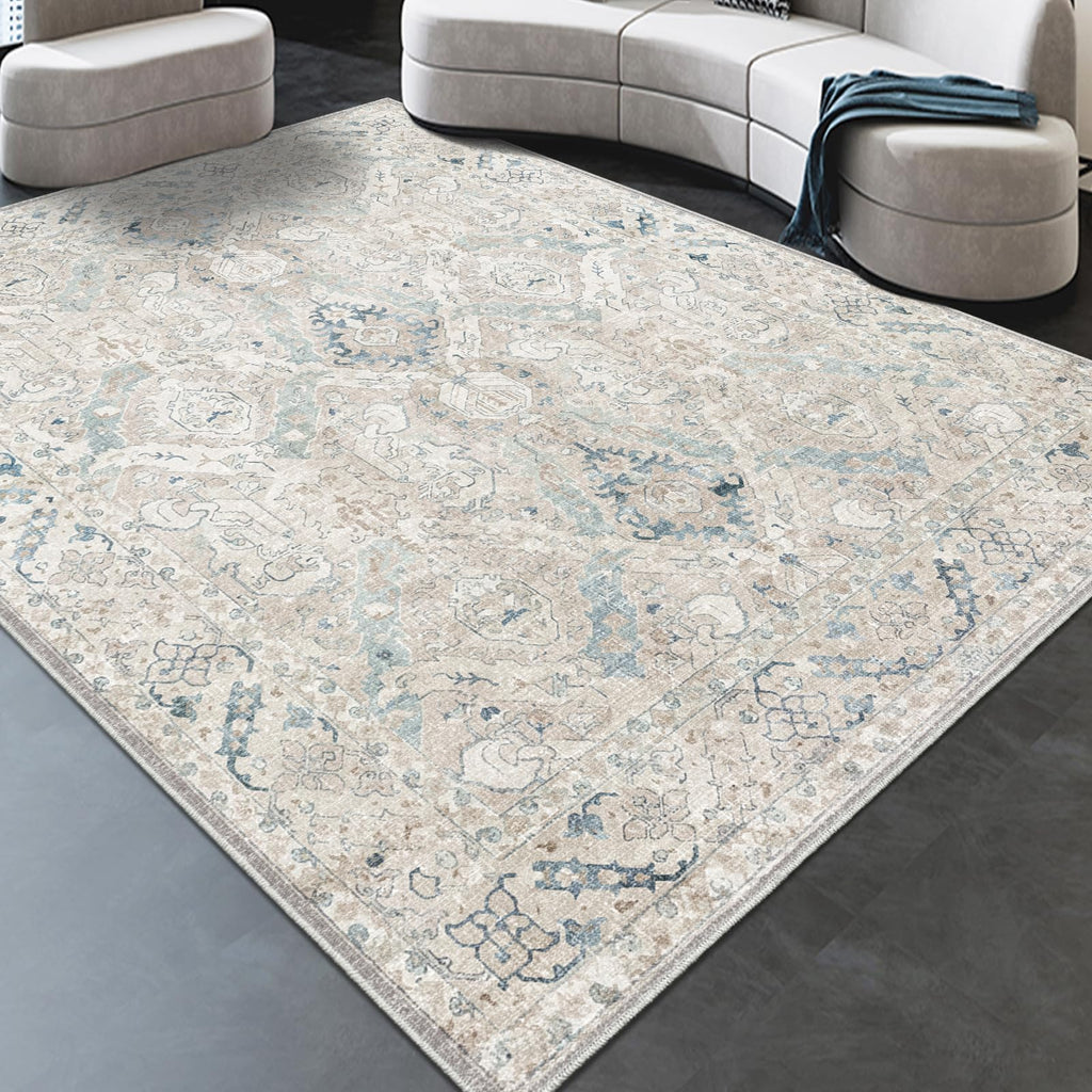 phonzenuo 8x10 Area Rugs for Living Room, Machine Washable Non Slip Vintage Retro Rugs, Low Pile Lightweight Chenille Print Indoor Rug for Bedroom, Dining Room, Home Office(Grey/Blue/TAN/Teal/Green)