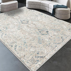 phonzenuo 8x10 Area Rugs for Living Room, Machine Washable Non Slip Vintage Retro Rugs, Low Pile Lightweight Chenille Print Indoor Rug for Bedroom, Dining Room, Home Office(Grey/Blue/TAN/Teal/Green)