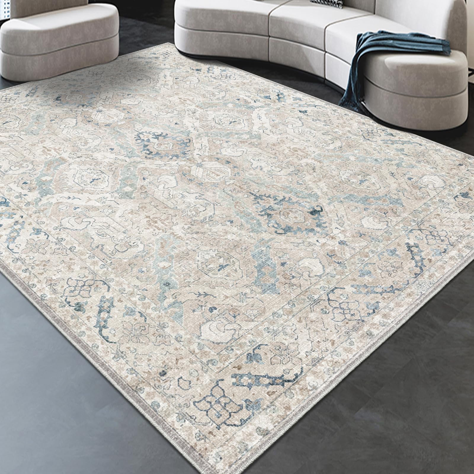 phonzenuo 8x10 Area Rugs for Living Room, Machine Washable Non Slip Vintage Retro Rugs, Low Pile Lightweight Chenille Print Indoor Rug for Bedroom, Dining Room, Home Office(Grey/Blue/TAN/Teal/Green)