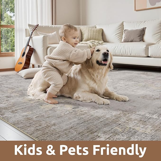 5 x 7 Area Rugs for Living Room, Machine Washable Non Slip Rug Ultra Soft Low Pile Indoor Carpet Modern Abstract Rugs for Bedroom Office Room Dining Room Beside, Beige