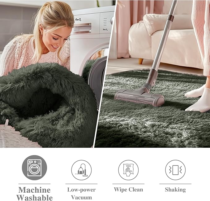 OLANLY Olive Green Round Rugs for Bedroom - Machine Washable, 2 ft Circle Area Rugs for Living Room, Soft and Fluffy Shaggy Carpet for Teen Girl and Boys, Nursery Rooms, Dorms, Home Decor Aesthetic