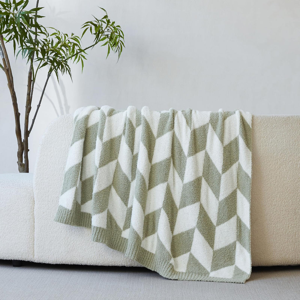 Snuggle Sac Chevron Throw Blanket for Couch, Reversible Super Soft Warm Blankets Cozy Knit Fuzzy Plush Lightweight Throws for Sofa, Bed, Camping, Green,50x60 inches