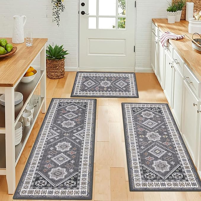 HEBE Boho Kitchen Rugs Set of 3, Non Slip Washable Kitchen Mats for Floor