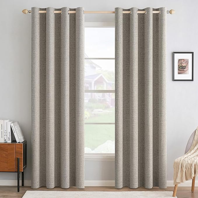 MIULEE Linen Curtains for Bedroom Solid 100% Blackout Thermal Insulated Greige Curtains Grommet Room Darkening Drapes for Living Room Nursery 52x72 Inch (2 Panels)