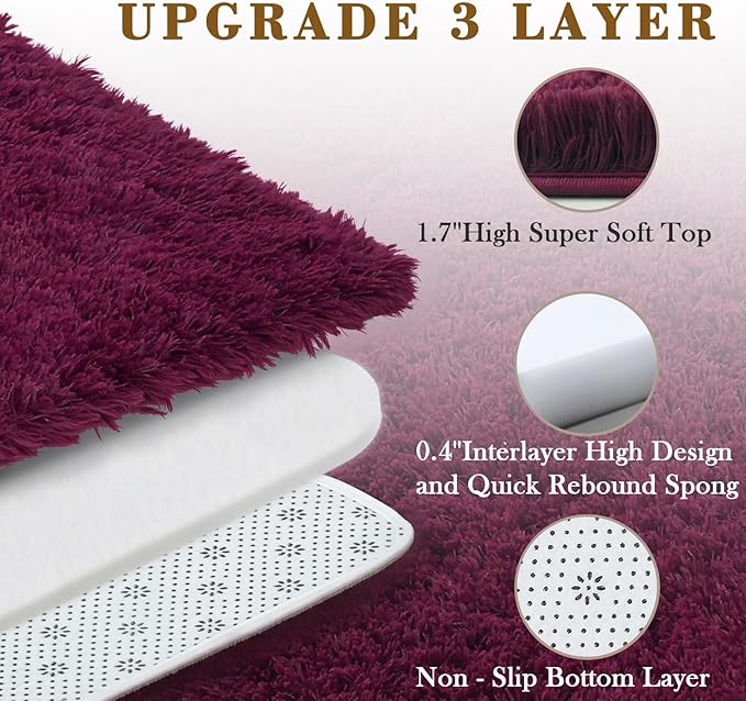 Area Rugs 9x12 Living Room, Burgundy Large Shaggy Carpet Plush Furry Rug