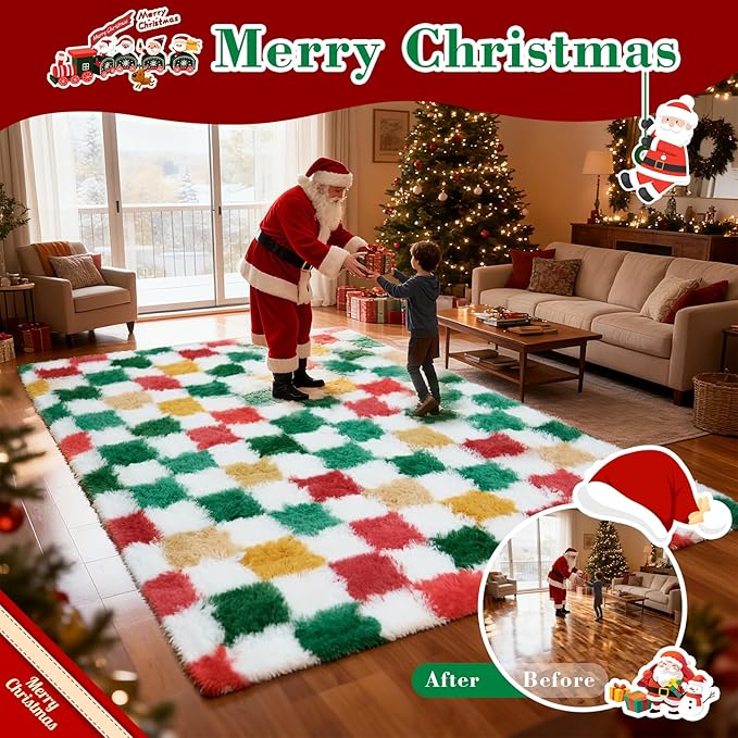Checkered Area Rug 4x6 for Bedroom Living Room, Christmas Shag Rug Fuzzy Shaggy Bedside Carpet, Indoor Plush Floor Rugs for Holiday Home Decor