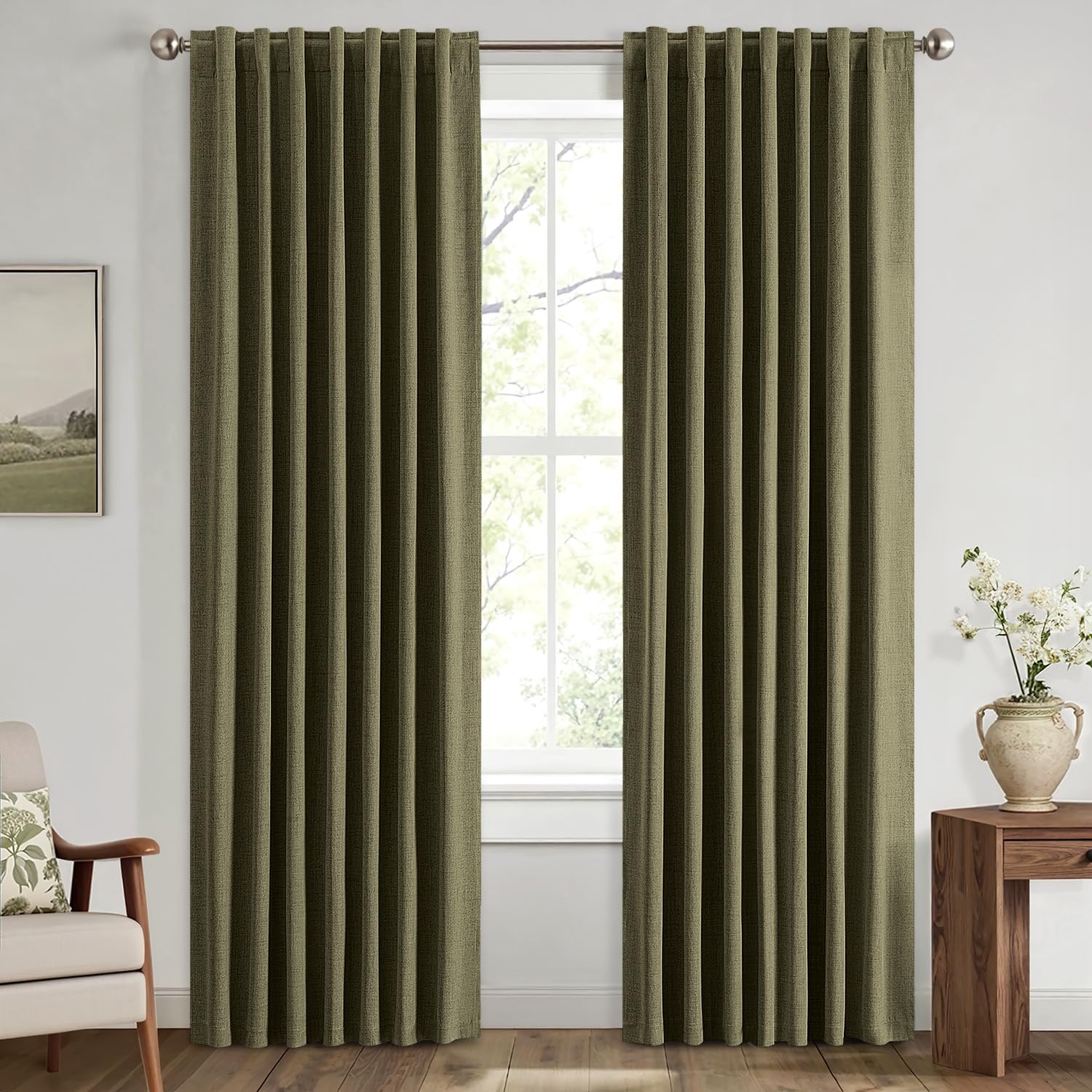 MIULEE 100% Blackout Linen Curtains 42 x 63 Inch Light Olive Green 2 Panels