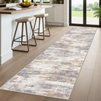 KOZYFLY Modern Abstract Washable Rug Runner 2.6x10 Hallway Rug Runner Non-Slip Soft Kitchen Runner Rugs, Multi Grey/Orange Striped Carpet for Entryway Bathroom