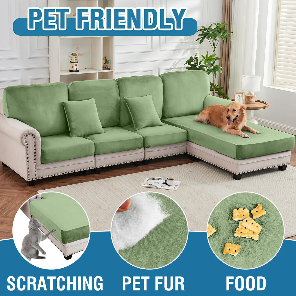 Taque Couch Cover 8-Piece Elastic Velvet Couch Cushion Covers & Chaise Slipcovers for L-Shaped Sofas, Sofa Seat Covers Washable, Soft Cover for Couches (7 Seater + Chaise, Avocado Green)