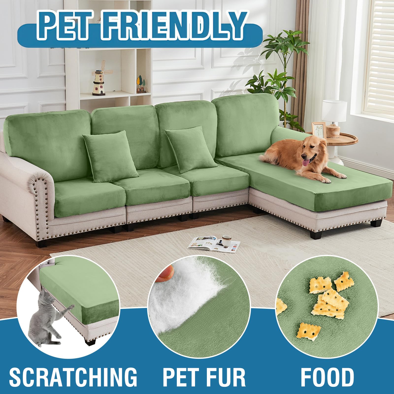 Taque Couch Cover 8-Piece Elastic Velvet Couch Cushion Covers & Chaise Slipcovers for L-Shaped Sofas, Sofa Seat Covers Washable, Soft Cover for Couches (7 Seater + Chaise, Avocado Green)