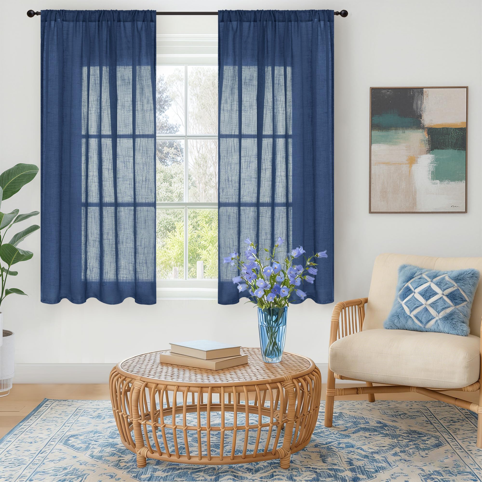BGment Navy Blue Linen Curtains 54 Inch Length for Short Living Room, Semi Sheer Window Drapes Light Filtering for Bedroom Dining Decor Lightweight with Rod Pocket, 2 Panels Set, Each 42 Inch Wide