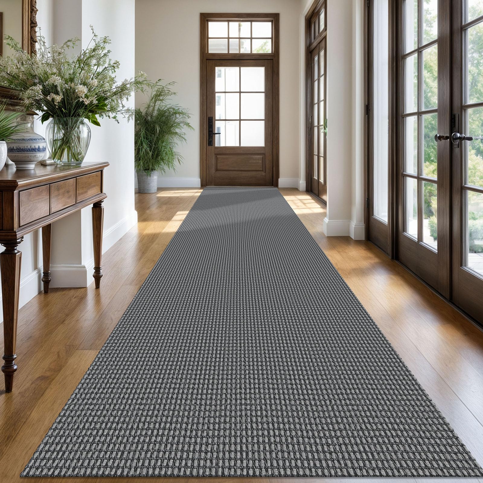 KOZYFLY Extra Long Runners for Hallways 3x16 ft Washable Kitchen Runner Non Slip Rubber Backed Hallway Rug Cotton Entryway Runner Rug Floor Carpet for Indoor Hall, Kitchen, Stair, Grey/Dark Grey
