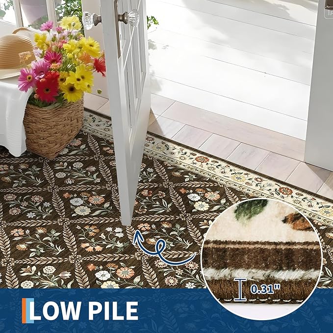 GarveeHome 8x10 Washable Large Living Room Rug Water Resistant Distressed Vintage Floral Non Slip Low Pile Soft Rug for Bedroom Farmhouse Dining Room Kids Playroom Nursery Brown Natural