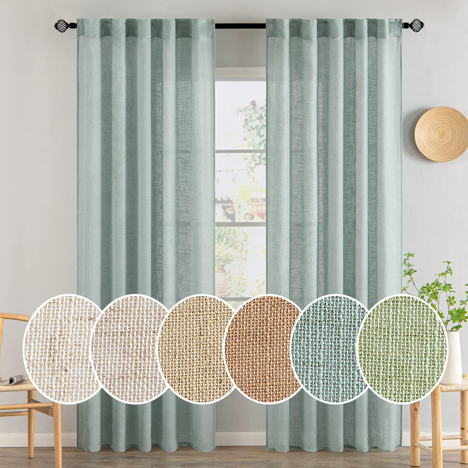 MIULEE Sea Green Linen Curtains 52x84 Inch for Bedroom Living Room 2 Panels