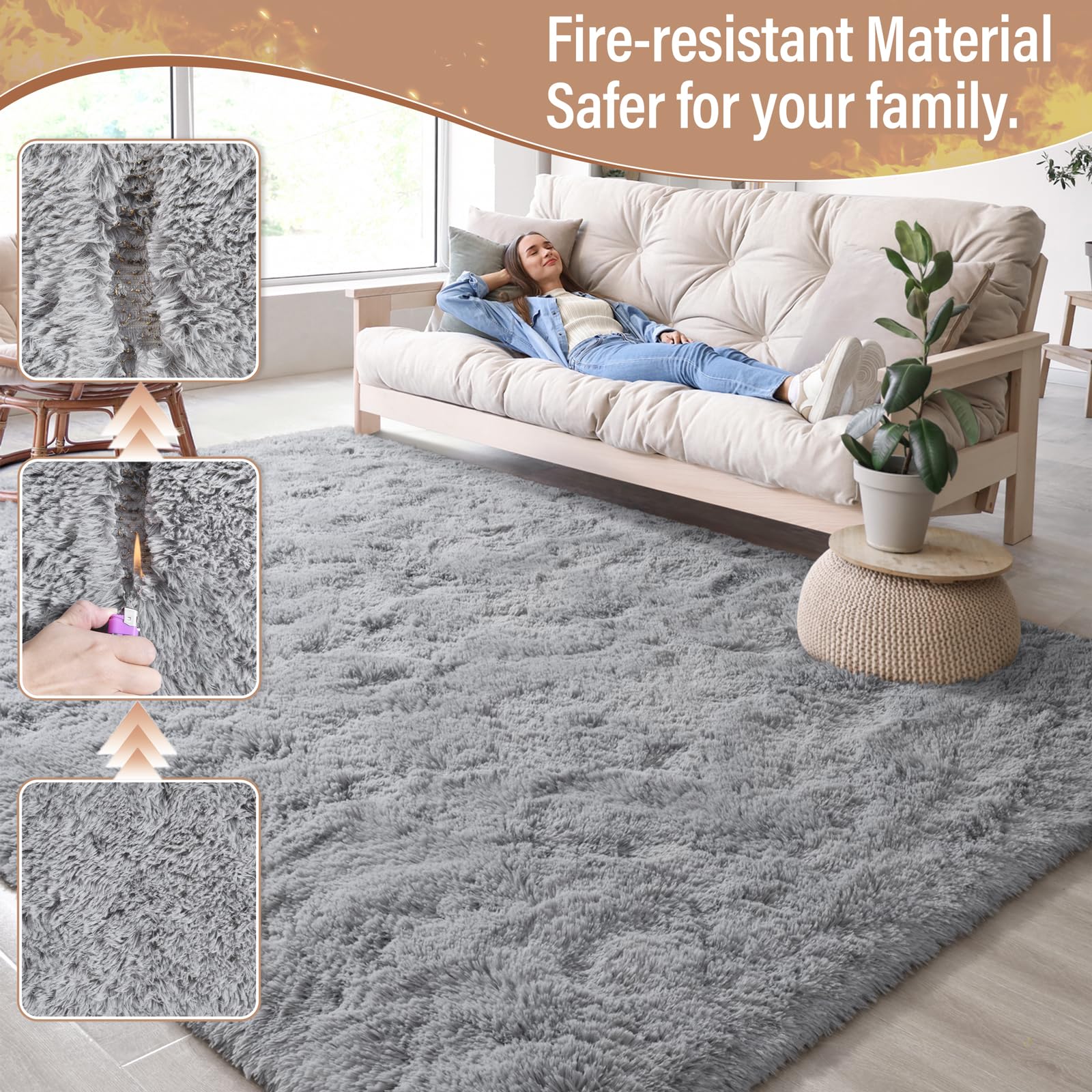 LOCHAS 5x8 Area Rugs Fluffy Living Room Carpets for Kids Bedroom, Gray