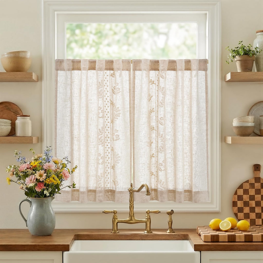 jinchan Floral Linen Curtains 84 Inch Farmhouse Back Tab 2 Panels