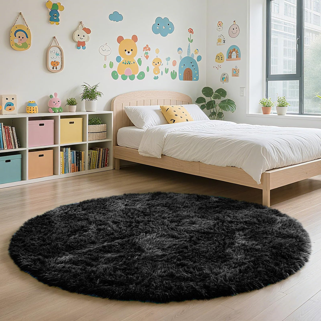 Black Fluffy Round Area Rugs for Bedroom,3'X3'Shag Circle Small Area Rugs