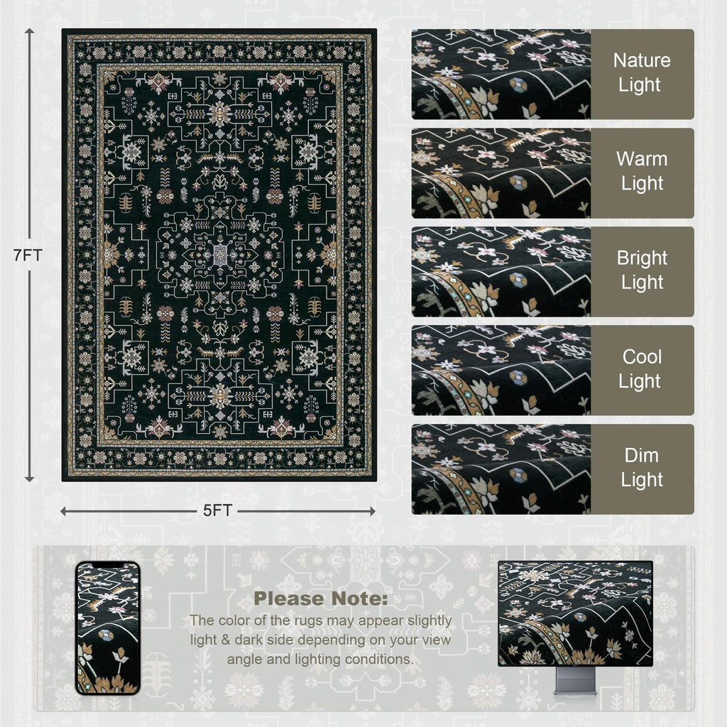 ExpediX 5x7 Area Rugs Living Room: Washable Vintage Rug for Bedroom Black