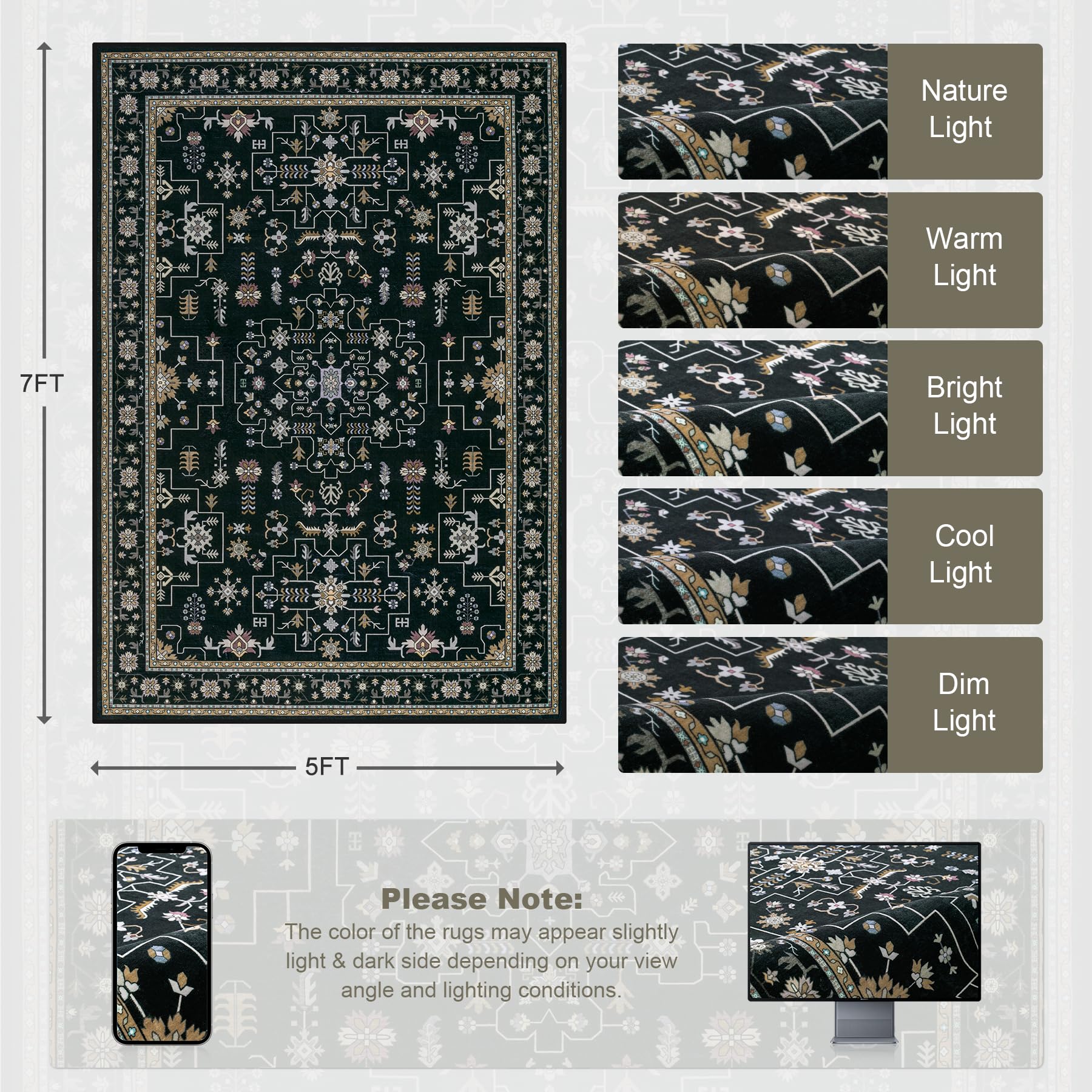 ExpediX 5x7 Area Rugs Living Room: Washable Vintage Rug for Bedroom Black