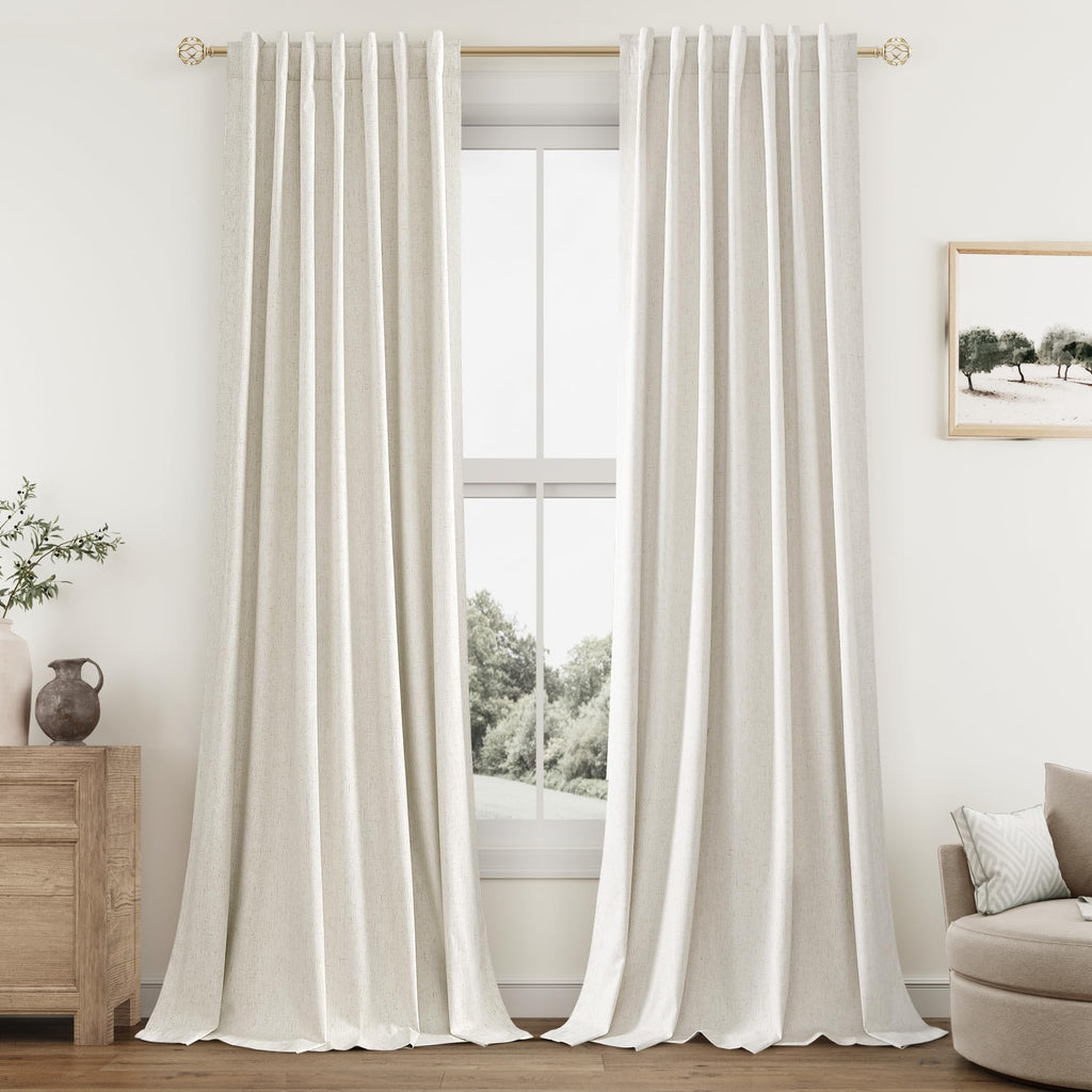 Extra Long 100% Blackout Linen Curtains for Bedroom 108 Inches Long 9 FT Natural Cream Black Out Curtain Back Tab Thermal Insulated Room Darkening Window Drapes for Living Room 2 Panels Beige Ivory