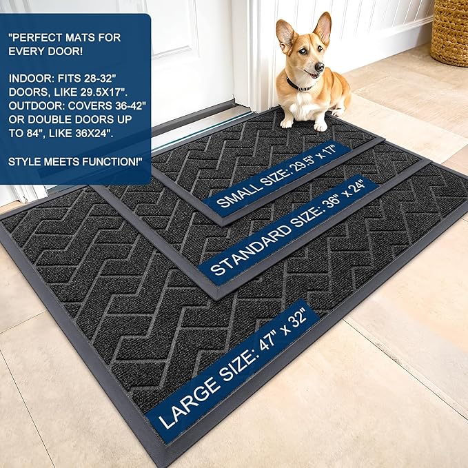 OLANLY Front Door Mat Indoor Outdoor Entrance, Waterproof All-Season, All-Weather Doormat, Sturdy Natural Rubber, Low Profile, Easy Clean Patio Porch Entryway Mat, Herringbone Brick (Black, 47x17)