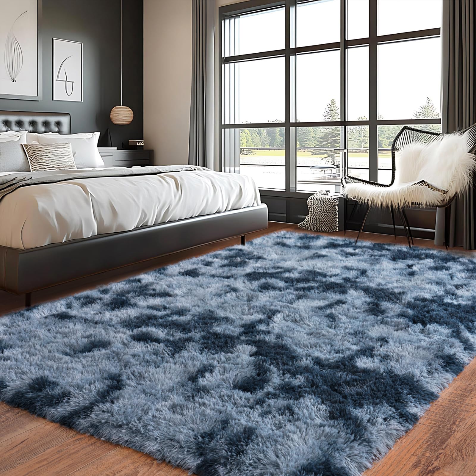 Pionblank Large Rug for Living Room 6x9, Modern Shag Area Rug, Blue Grey