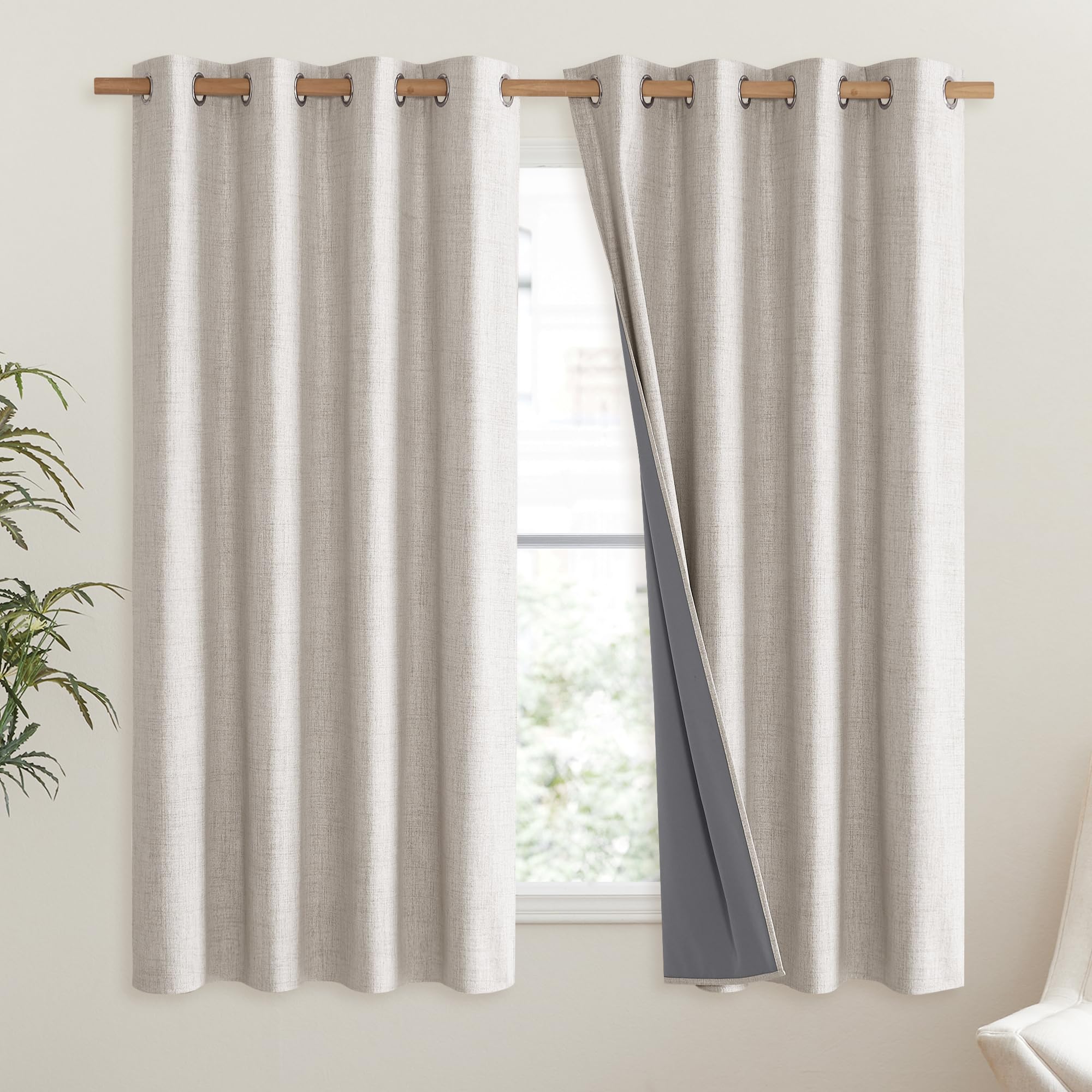 NICETOWN Brich Vintage Open Linen Weave Flax Thermal Curtains, 100% Blackout Curtains 48" Long for Dining Room, Soundproof Window Treatment Drapes for Hall Room, 52" Wide Per Panel, Set of 2