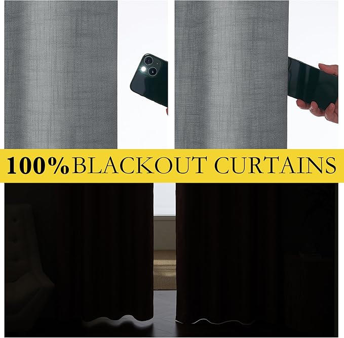 NICETOWN 100% Absolutely Blackout Linen Curtains with Thermal Insulated White Liner, Dove Grey, W52, 2 Pieces, Noise Reducing Textured Linen Look Curtains for Windows 90 inch Length for Classroom