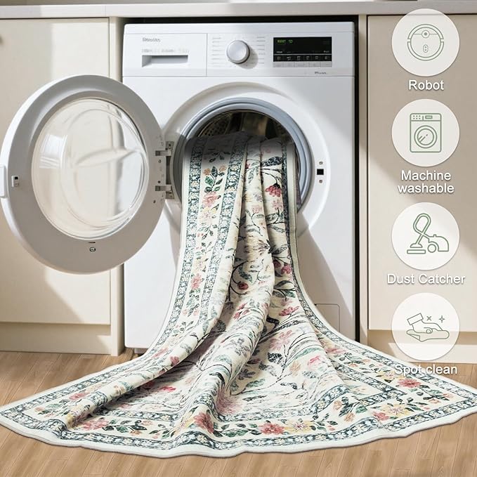 PLHXFR Round Area Rug Living Room: 6 ft Floral Washable Carpet Green Beige