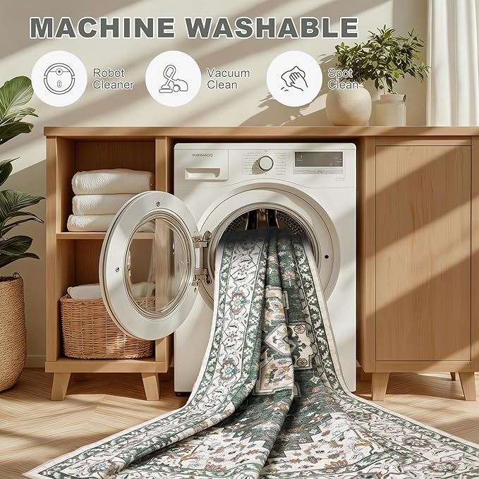 ExpediX 6x9 Area Rugs Living Room: Washable Rug for Bedroom Green Ivory