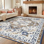 Rugflix 9x12 Area Rug for Living Room, Machine Washable Area Rugs with Non-Slip Backing, Large Soft Boho Vintage Rug for Bedroom, Dining Room, Low Pile Carpet, Kids Pet Friendly, Brown Beige