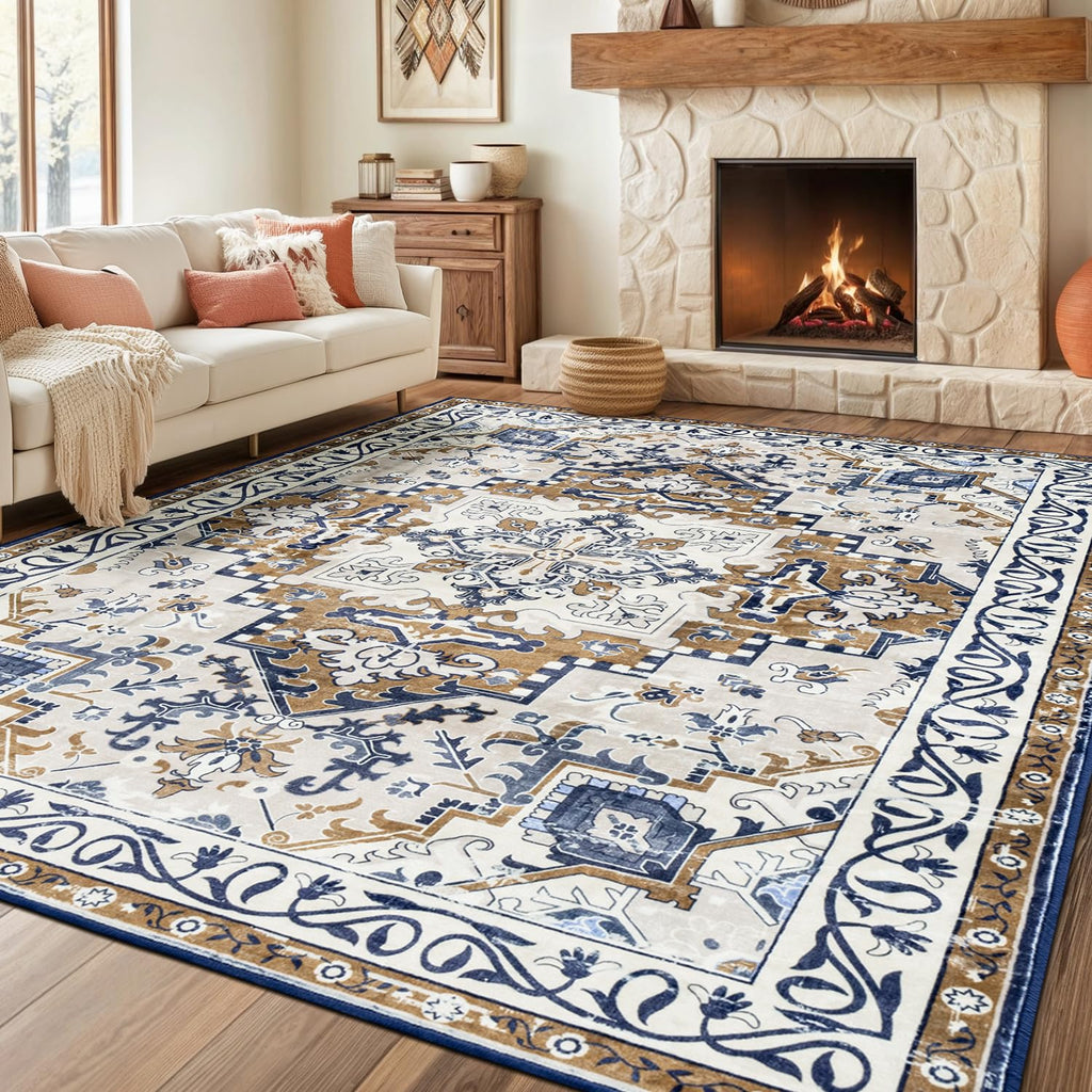 Rugflix 9x12 Area Rugs for Living Room, Washable Beige Grey Large Rug