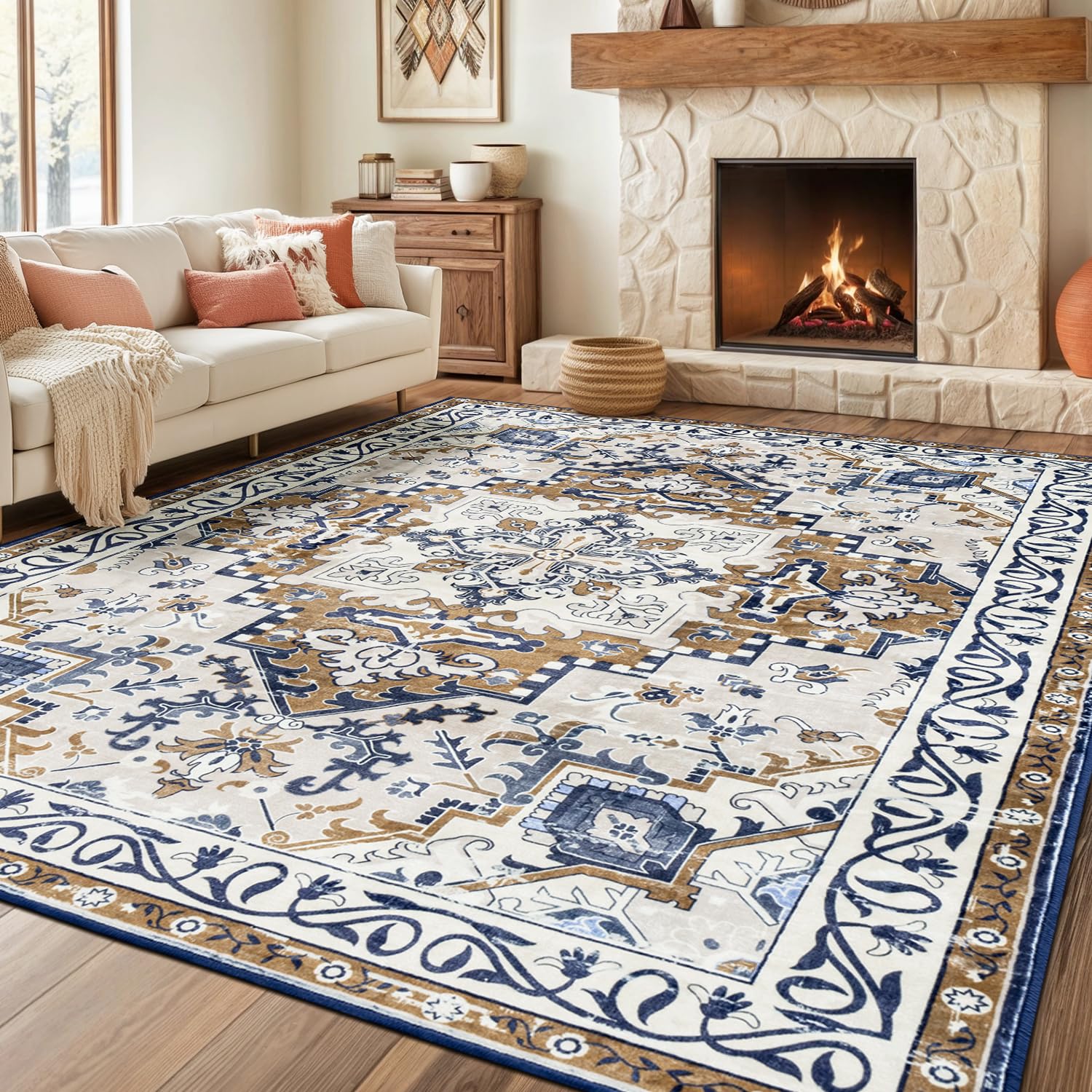 Rugflix 9x12 Area Rugs for Living Room, Washable Beige Grey Large Rug