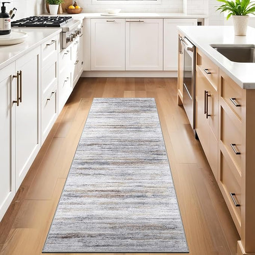 2'6''x10' Washable Runner Rugs for Hallway: Easy-to-Clean Abstract Runners for Entryway Bedroom - Stain and Water Resistant Rugs with Non-Slip Backing - Soft Low-Pile Carpet Beige Grey