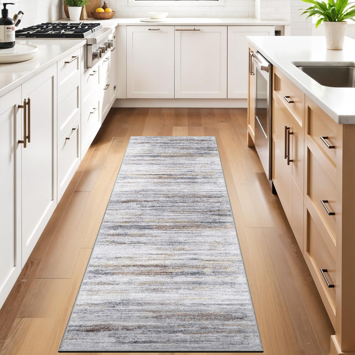 2x10 Washable Runner Rugs for Hallway: Easy-to-Clean Abstract Runners for Entryway Kitchen Dining Room- Stain and Water Resistant Rugs with Non-Slip Backing - Soft Low-Pile Carpet Beige Grey