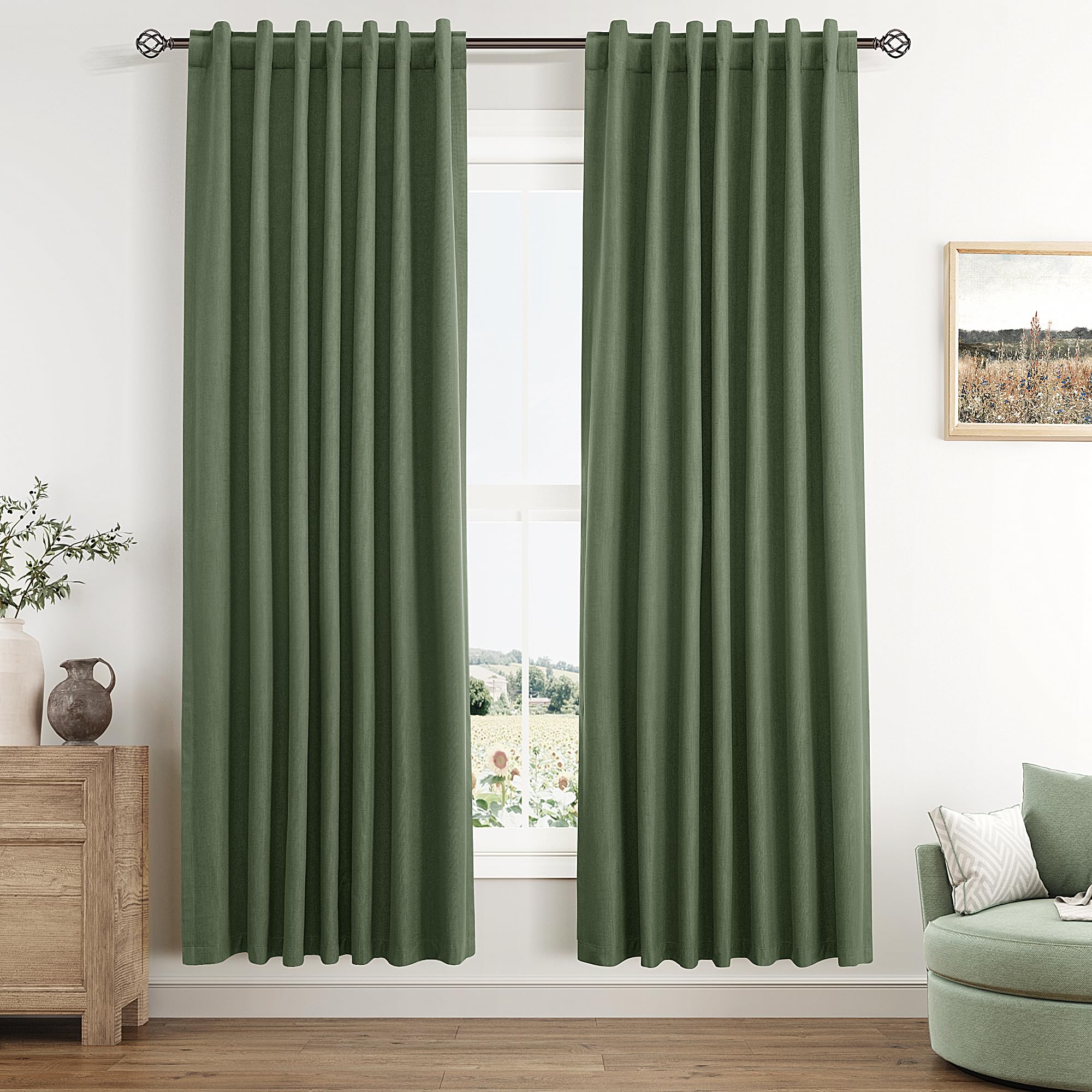 Guken Olive Green 100% Blackout Curtains 72 Inch Length 2 Panels Set for Living Room Bedroom Back Tab Thermal Insulated Black Out Linen Drapes Room Darkening Window Curtains 72 Inches Long