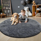 OLANLY Grey Round Rugs for Bedroom - Machine Washable, 8 ft Circle Area Rugs for Living Room, Soft and Fluffy Shaggy Carpet for Teen Girls and Boys, Nursery Rooms, Dorms, Home Decor Aesthetic