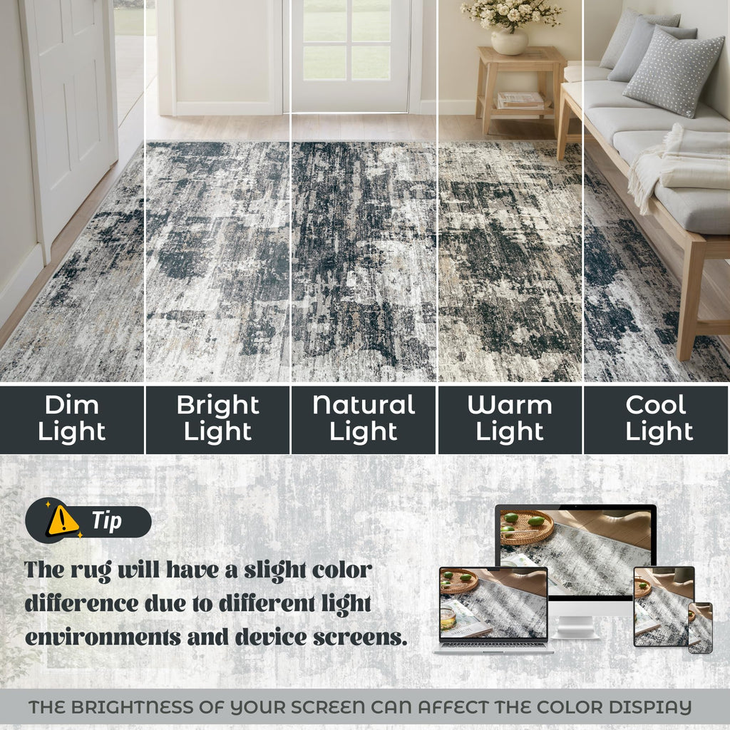 XLUEZ 6x9 Area Rugs for Living Room, Washable Modern Abstract Large Area Rug Neutral Soft Non Slip Kids Rug Stain Resistant Indoor Carpet for Bedroom Nursery Dining Room Playroom(BlackGrey, 6'x9')